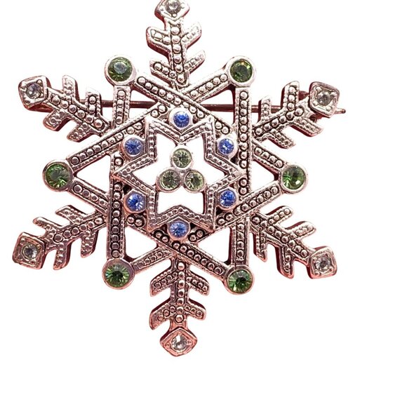 Vintage Rhinestone Snowflake Brooch Silver Tone With Green and Blue Rhinestones - Picture 2 of 10